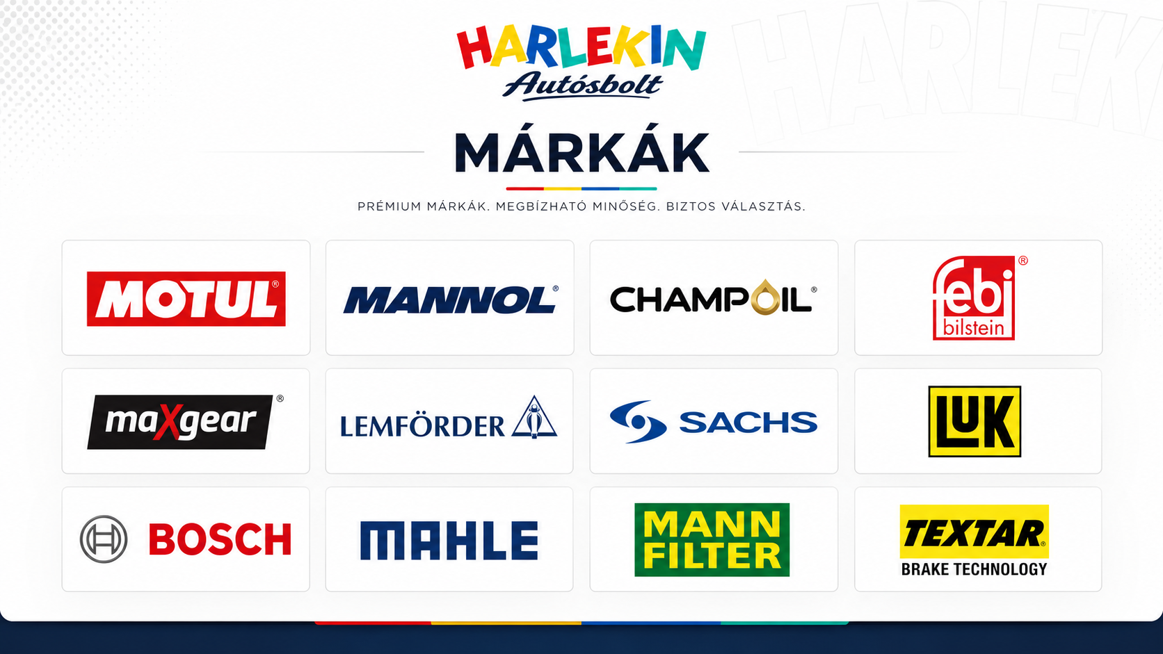 Harlekin Autósbolt márkák és kínálat illusztratív összeállításban